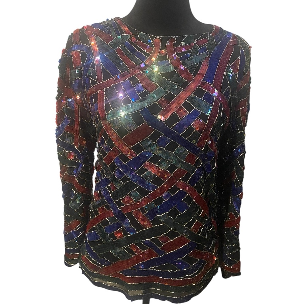 Vintage 80s Multicolor Lord and Taylor Sequin Silk Long Sleeve Top, Size S